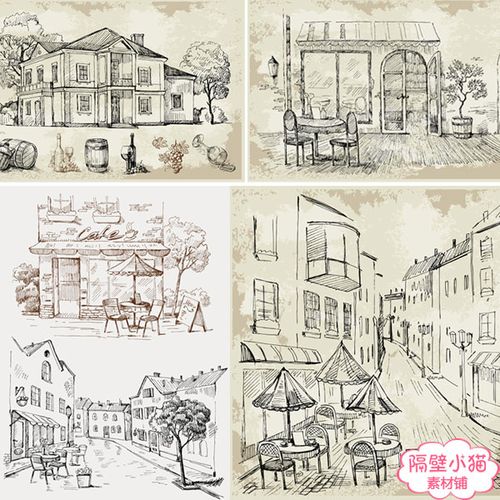 eps矢量 欧式手绘线条街景街道建筑咖啡店临摹场景图插画设计素材