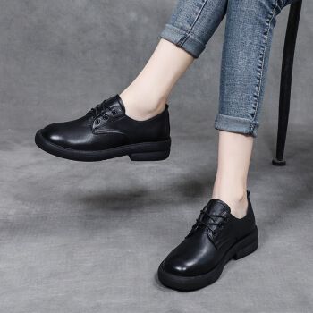 2021春秋新款头层牛皮系带小皮鞋女英伦风复古平底单鞋女网红浅口单鞋