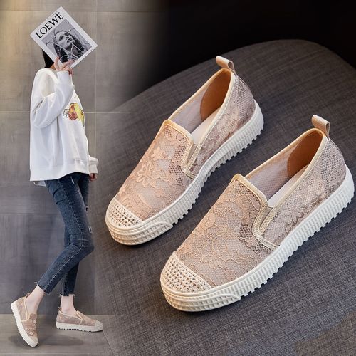 单鞋女渔夫鞋休闲防滑软底平跟蕾丝网面透气乐福鞋