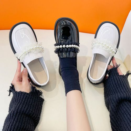 2022春秋新款英伦风小皮鞋女小众仙女风珍珠花边单鞋一脚蹬乐福鞋