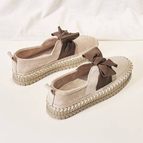 潮牌厚底渔夫鞋女2021秋季新款韩版休闲一脚蹬乐福鞋蝴蝶结平底鞋