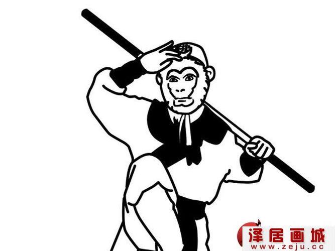 孙悟空黑白线描简笔画:可爱简笔画孙猴子