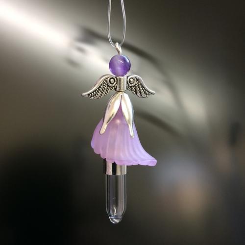 hanging angel rice charm with lilac skirt and amethyst crystal