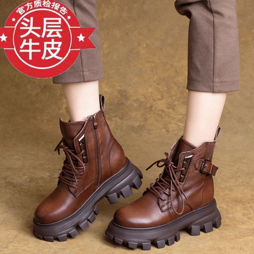 真皮厚底增高加绒马丁靴女2021秋冬新款英伦风复古百搭机车短靴潮