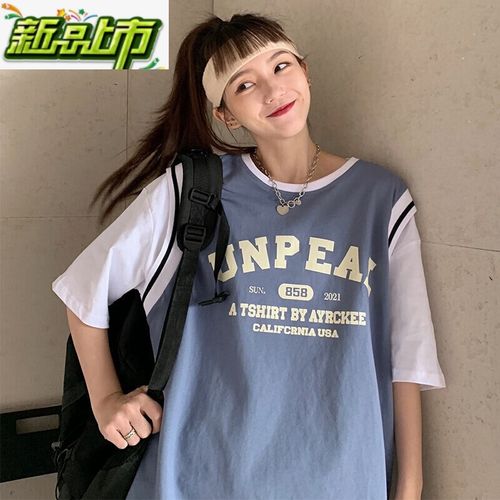 短袖t恤少女装2021潮初中女生高中生大韩版宽松休闲运动上衣服 蓝色假
