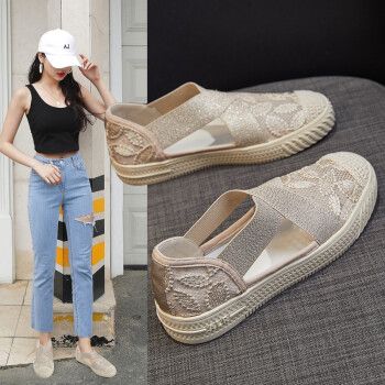 女鞋夏季清凉渔夫鞋女小香风透气蕾丝网面休闲鞋女潮流套脚单鞋女舒适