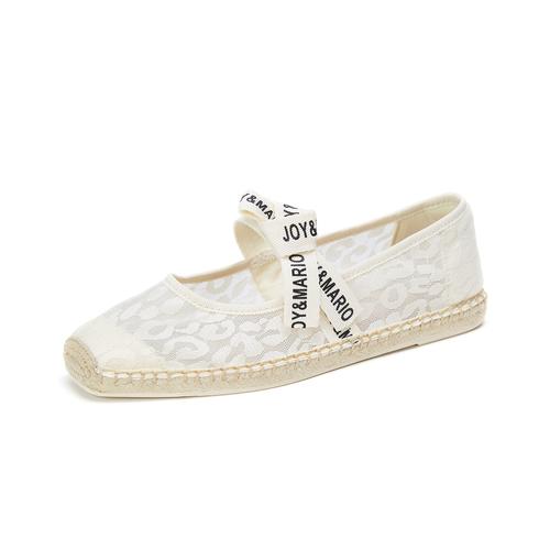 蕾丝单鞋女淑女一脚蹬春夏新款舒适平底鞋子女织带渔夫鞋网面凉鞋