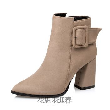 秋冬季翻皮短靴女士翻毛皮女鞋半高跟绒面女靴尖头磨砂皮马丁靴粗跟