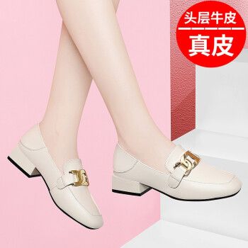 新款单鞋女粗跟复古真皮淑女小皮鞋乐福鞋时尚百搭圆头软底套脚女鞋