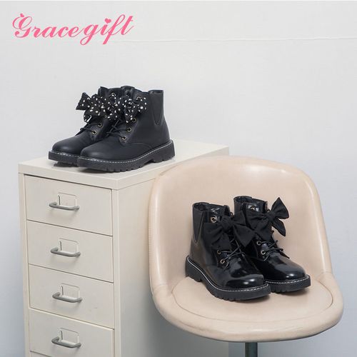 grace gift加绒马丁靴女2020新款甜美蝴蝶结短靴厚底切尔西靴秋冬