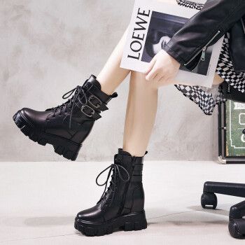 otmx 厚底内增高短靴女2021新款皮带扣马丁靴全牛皮高跟女靴子英伦风