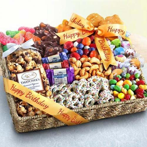 birthday party chocolate, candies and crunch gift basket
